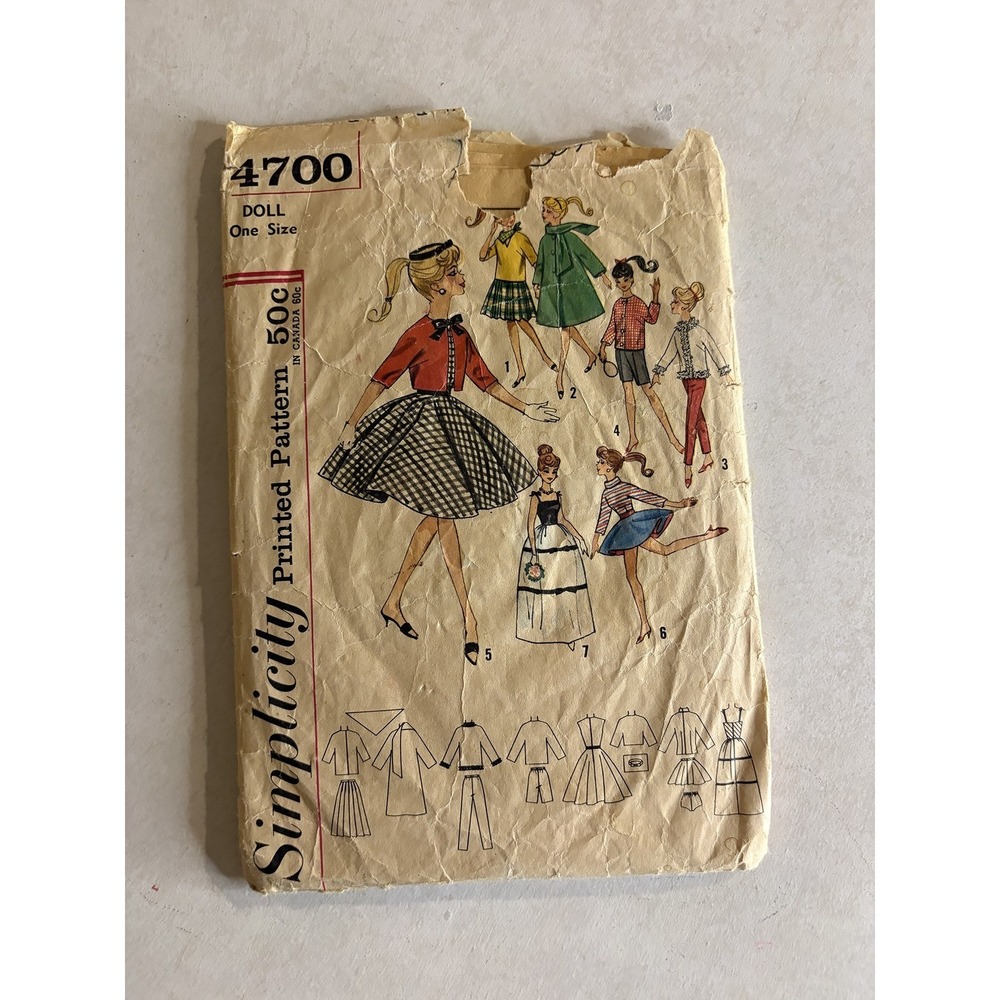 Vintage Simplicity 4700 Doll Clothes Sewing Pattern Barbie 11.5 Inch Wardrobe
